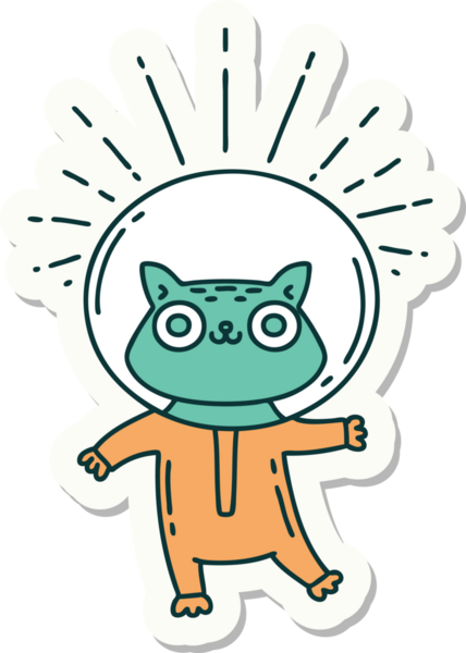 Bir insan tarafından çizilmiş astronot kostümlü dövme stili bir kedinin çıkartması.