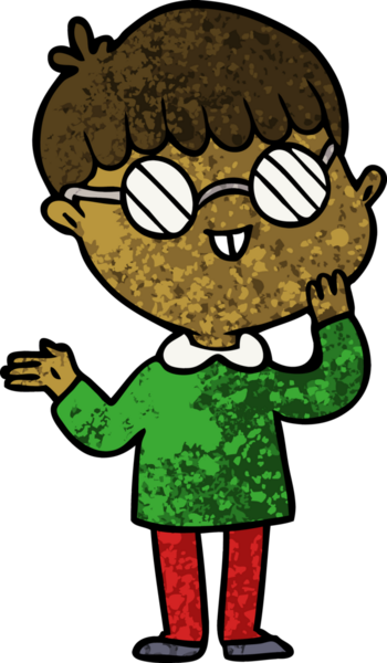 Bir insan tarafından çizilmiş gözlük takan çizgi film çocuğu.