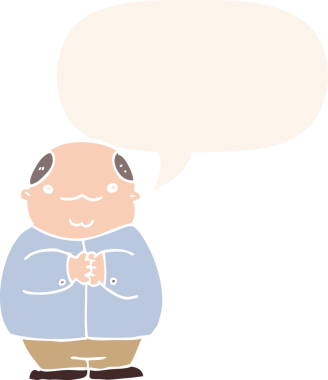 Bir insan tarafından çizilmiş, konuşma baloncuğu olan kelleşen bir çizgi film karakteri.