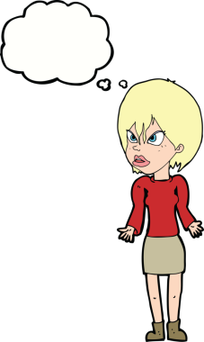 Bir insan tarafından çizilmiş düşünce baloncuğuyla rahatsız bir kadın.