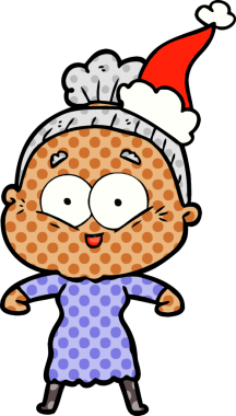 Bir insan tarafından çizilmiş Noel Baba şapkası giyen mutlu yaşlı bir kadının el çizimi çizgi roman tarzı çizimi.