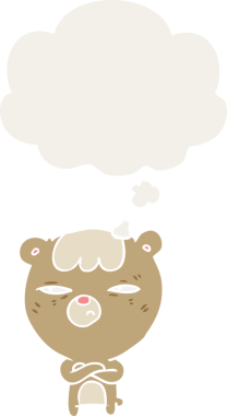 Düşünce baloncuğu insan tarafından çizilmiş kızgın çizgi film ayısı.