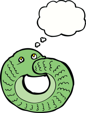 Bir insan tarafından çizilmiş düşünce balonuyla kendi kuyruğunu yiyen çizgi film yılanı.