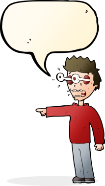 Bir insan tarafından çizilmiş konuşma baloncuğuyla gözleri fırlayan çizgi film adamı.