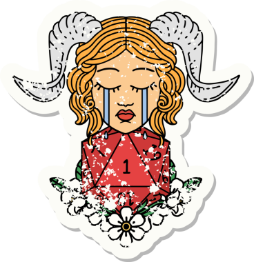 Bir insan tarafından çizilmiş doğal bir D20 zarla bağlanmış ağlama etiketi.