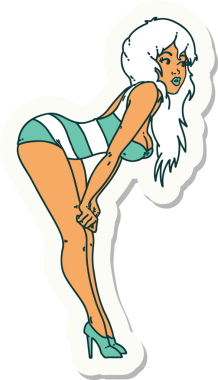 Bir insan tarafından çizilmiş yüzme kostümlü bir kızın geleneksel stil dövme çıkartması.