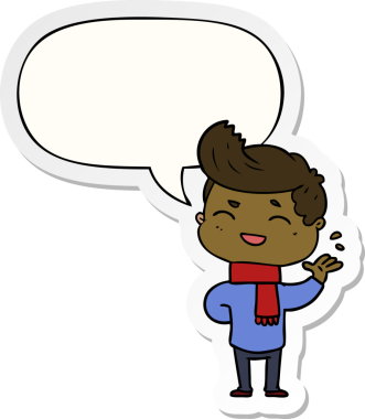 Bir insan tarafından çizilmiş konuşma balonu çıkartmasıyla gülen çizgi film adamı.