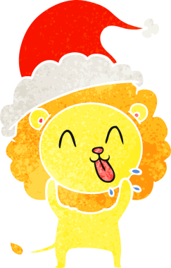 Mutlu el, bir insan tarafından çizilmiş Noel Baba şapkası takan bir aslanın retro karikatürü.