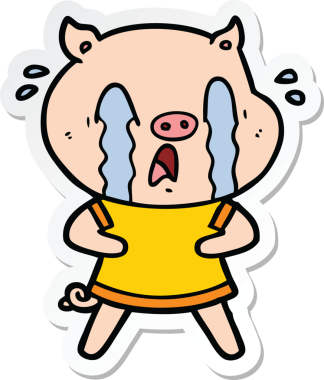 Bir insan tarafından çizilmiş insan kıyafetleri içinde ağlayan bir domuz çizgi filminin çıkartması.