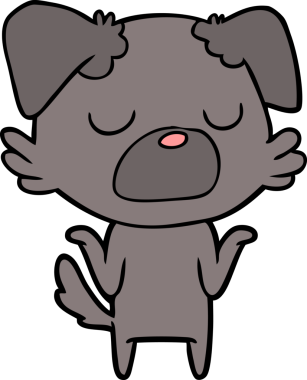 Bir insan tarafından çizilmiş omuzlarını silkeleyen çizgi film köpeği.