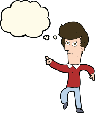 Bir insan tarafından çizilen düşünce baloncuğuyla işaret eden çizgi film adamı.