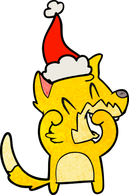 Gülen tilki eli bir insan tarafından çizilmiş Noel Baba şapkası çizilmiş.