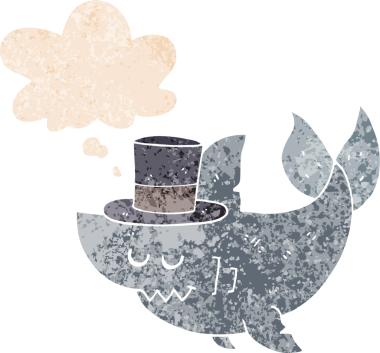 Düşünce baloncuklu silindir şapka takan çizgi film köpekbalığı bir insan tarafından çizilmiş dertli retro stili.