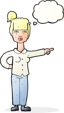 Bir insan tarafından çizilmiş düşünce balonuyla işaret eden çizgi film kadını.