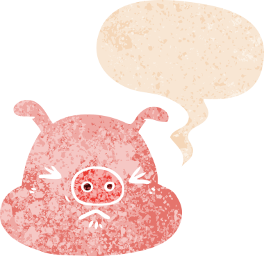 Sinirli domuz suratlı, grunge 'da konuşma baloncuğu olan bir insan tarafından çizilmiş dertli eski moda bir çizgi film.