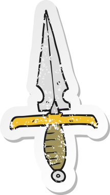 Bir insan tarafından çizilmiş karikatür hançerinin gerilimli retro yapıştırması.