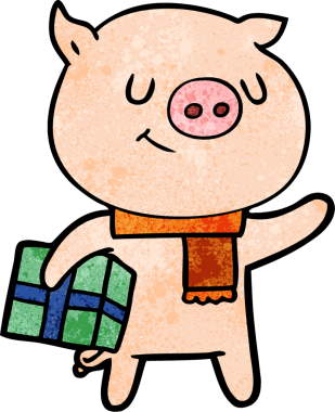 Bir insan tarafından çizilmiş Noel hediyeli mutlu çizgi film domuzu.