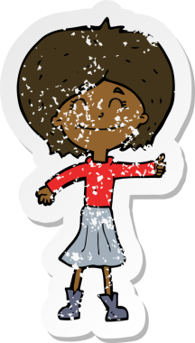 Bir insan tarafından çizilmiş başparmak işareti veren mutlu bir kız çizgi filminin kederli retro yapıştırması.