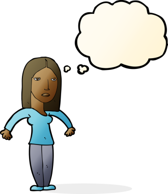 Bir insan tarafından çizilmiş düşünce baloncuğuyla rahatsız bir kadın.