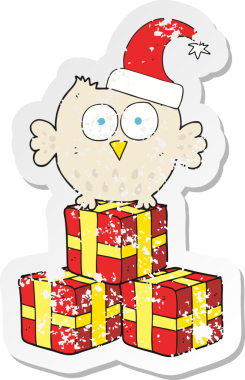 Bir insan tarafından çizilmiş noel şapkası takan küçük bir baykuşun depresif çıkartması.