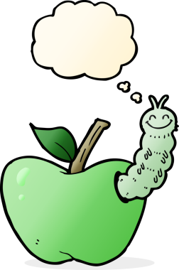 Bir insan tarafından çizilmiş düşünce baloncuklu bir elma.