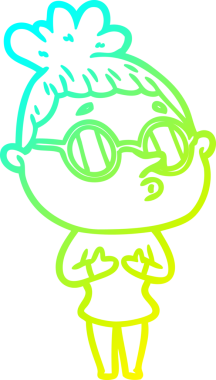 Bir insan tarafından çizilmiş gözlük takan çizgi film kadını çizimi.