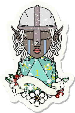 Retro Dövme Tarzı Ağlayan Elf Savaşçısı karakteri yüzü ve bir insan tarafından çizilmiş D20 rulosu.