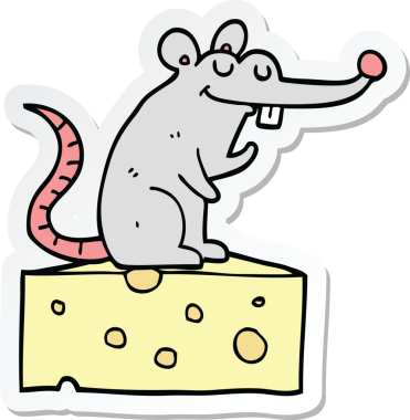 Bir insan tarafından çizilmiş peynirin üzerinde oturan çizgi film faresinin çıkartması.