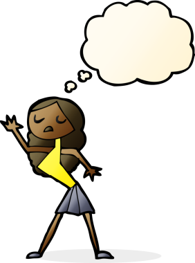 Bir insan tarafından çizilmiş düşünce baloncuğuyla dans eden çizgi film kadını.