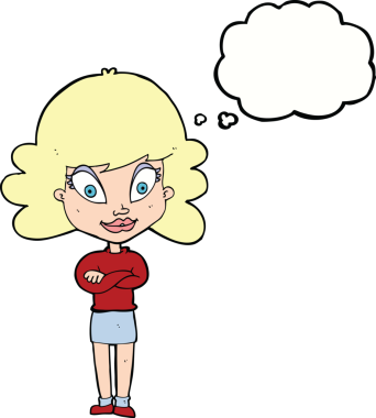 Bir insan tarafından çizilmiş düşünce balonuyla kollarını kavuşturmuş mutlu bir kadın çizgi filmi.