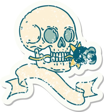 Bir insan tarafından çizilmiş kafatası ve gülü olan eski bir etiket.