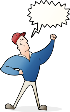 Bir insan tarafından çizilen konuşma baloncuğuyla kahramanca poz veren çizgi film adamı.