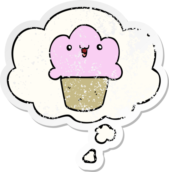 Yüzünde düşünce kabarcığı olan çizgi film keki insan tarafından çizilmiş yıpranmış bir çıkartma gibi.