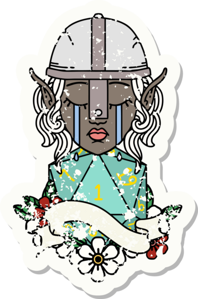 Retro Dövme Tarzı Ağlayan Elf Savaşçısı karakteri yüzü ve bir insan tarafından çizilmiş D20 rulosu.