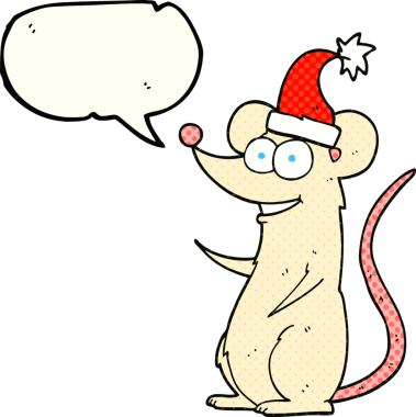 El yazısıyla çizilmiş çizgi roman konuşma balonu çizgi film faresi bir insan tarafından çizilmiş noel şapkası giyiyor.