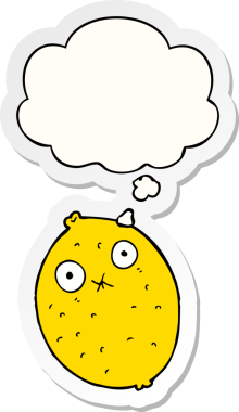 Düşünce baloncuklu acı limon çizgi filmi bir insan tarafından çizilmiş çıkartma gibi.