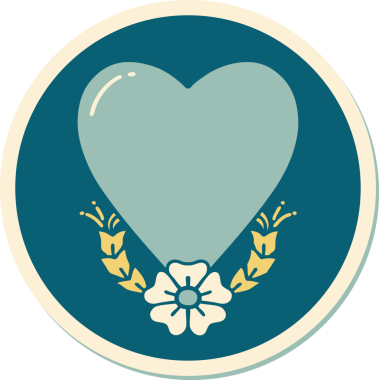 Bir insan tarafından çizilmiş geleneksel bir kalp ve çiçek stiliyle dövme çıkartması.