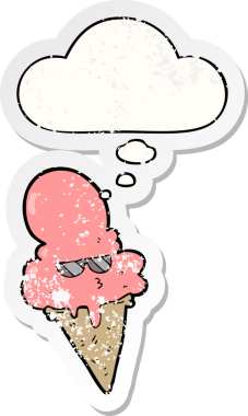 Düşünce baloncuklu çizgi film dondurması insan tarafından çizilmiş yıpranmış bir çıkartma gibi.