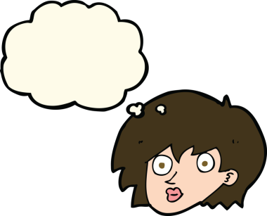 Bir insan tarafından çizilmiş düşünce baloncuğuyla kadın yüzünü şaşırtan çizgi film.