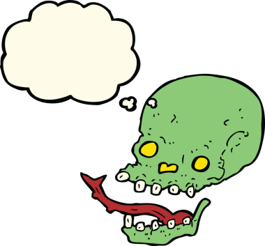 Bir insan tarafından çizilmiş düşünce baloncuklu garip kafatası.