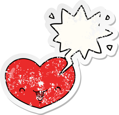 Bir insan tarafından çizilmiş, kederli, eski bir çıkartma olan, konuşma balonlu bir aşk karakteri.