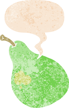 bir insan tarafından çizilmiş grunge sıkıntılı retro desenli armut konuşma balonu ile çizgi film armudu