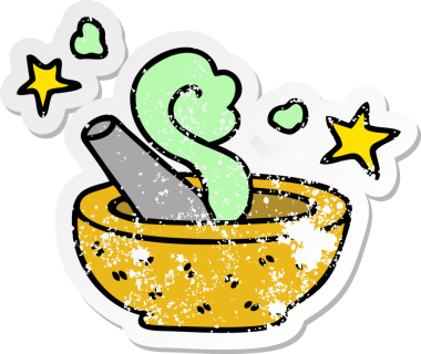 Bir insan tarafından çizilmiş garip bir el yapıştırması, sihirli tokmak ve havan topu.