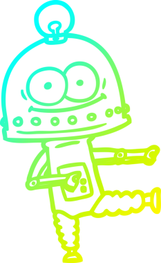 Bir insan tarafından çizilmiş ampullü mutlu bir robot çizimi.