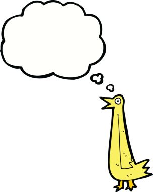 Bir insan tarafından çizilmiş düşünce baloncuklu komik çizgi film kuşu.