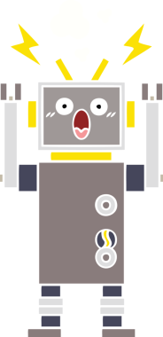 Bir insan tarafından çizilmiş arızalı bir robotun düz renk retro karikatürü