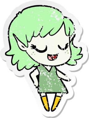 Bir insan tarafından çizilmiş mutlu bir elf kızının sıkıntılı çıkartması.