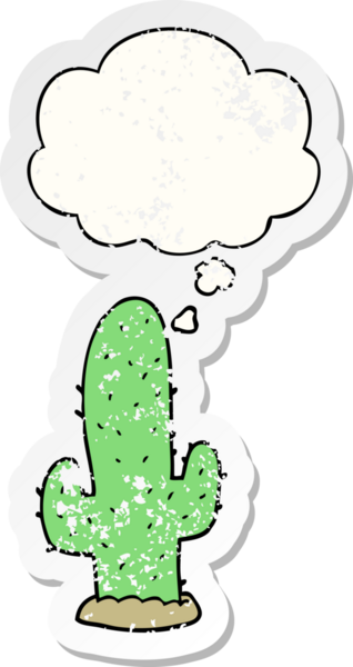 Düşünce baloncuğu olan çizgi film kaktüsü insan tarafından çizilmiş yıpranmış bir çıkartma.