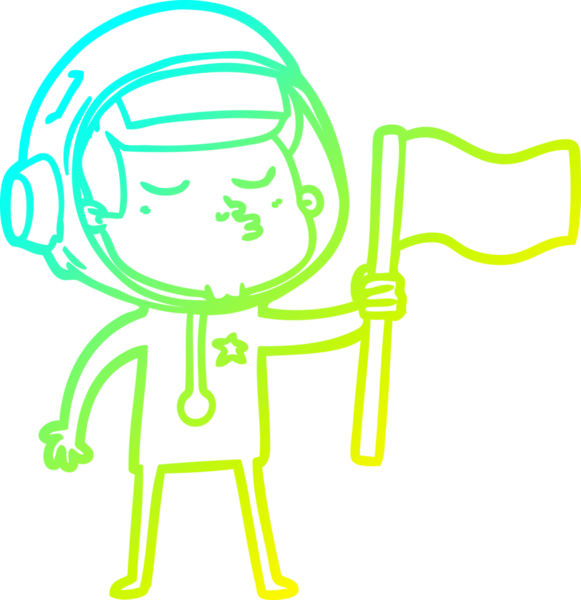 Kendine güvenen bir astronotun bir insan tarafından çizilmiş bayrağını çizdiği bir çizgi film.