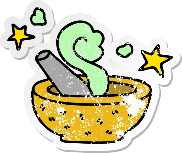 Bir insan tarafından çizilmiş garip bir el yapıştırması, sihirli tokmak ve havan topu.